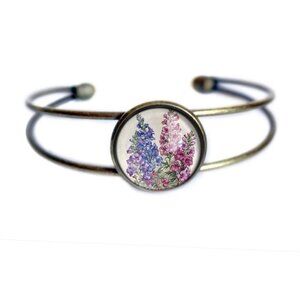 Larkspur Flowers‎ Cuff Bracelet - Delphinium Flowers - Glass Cabochon Jewelry